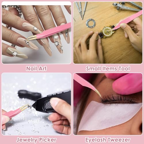 2Pcs Lash Tweezers for Eyelash Extensions 90 Degree Eyelash Extension Tweezers Fiber Tip Lash Tweezers False Eyelash Tweezers Lash Cluster Tweezers for Volume Lashes, Pink