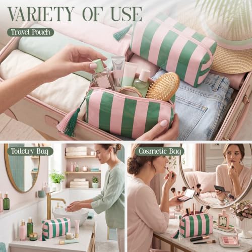 Gilprop 6 Pcs Clear Coated Makeup Bags Pink Green Striped Octagon Style Waterproof Cosmetic Organizer