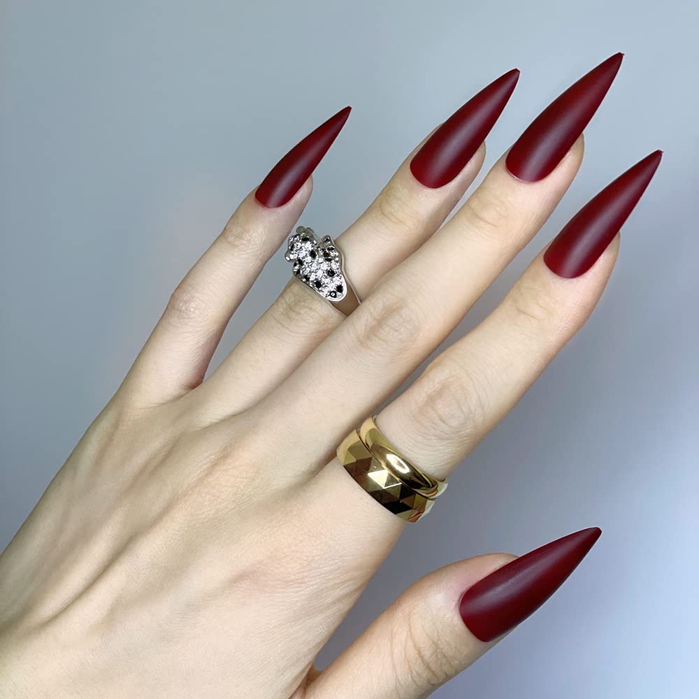 Redykat 24PCS XL Stiletto Matte Press On Nails, Salon Quality Nail Art, Extra Long Acrylic False Nails, Fake Nails, Home Quick Manicure (dark red)