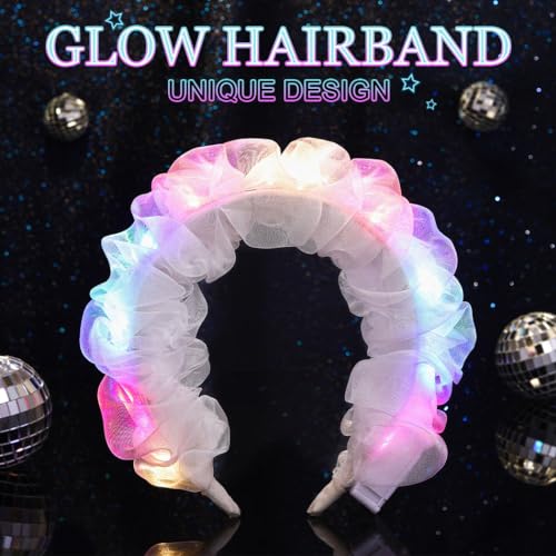 REETAN St. Patrick's Day Light up Headbands Tulle Wide Pleated Hair Hoop Sparkly Festival LED Hair Bands for Women and Girls (White)