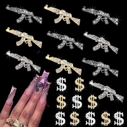 ZUMILLMN 20PCS 3D AK Gun&Dollar Nail Charms for Alloy Nails,Gold Silver Black Alloy Nail Art Decoration, Rhinestone Nail Stones Nail Jewels Accessories for Nail Art Supplies Manicure Craft DIY