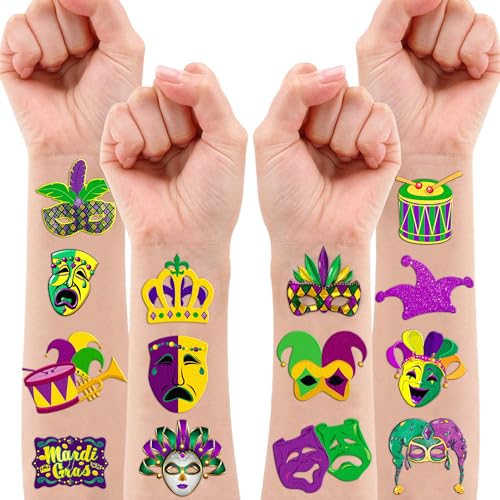 96 PCS Holiday Fat Tuesday Temporary Tattoos Birthday Theme Party Supplies Decorations Favors Decor Cute Mask Crown Tattoo Stickers for Class School Prizes Gift for Kids Boys Girls Carnival Holiday