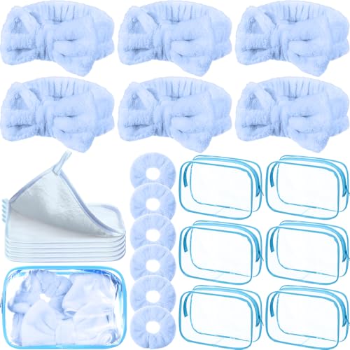 Mimorou 24 Pieces Sleepover Party Supplies Spa Party Favors 6 Spa Headband 6 Velvet Scrunchies 6 Makeup Remover Cloth 6 Clear Cosmetic Bags for Slumber Valentine Galentine Gift(Blue)