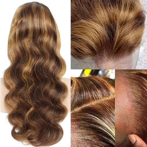 BXW 28Inch Highlight Ombre Lace Front Wig Human Hair 13x6 Blonde Highlight Body Wave Lace Front Wigs Human Hair 4/27 Colored Deep Wave Wig 200% Density Honey Blonde With Frontal Wigs For Women