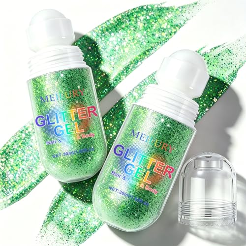 2PCS Green Roll-On Body & Face Glitter Gel for Face Hair & Body - St Patrick's Day Glitter