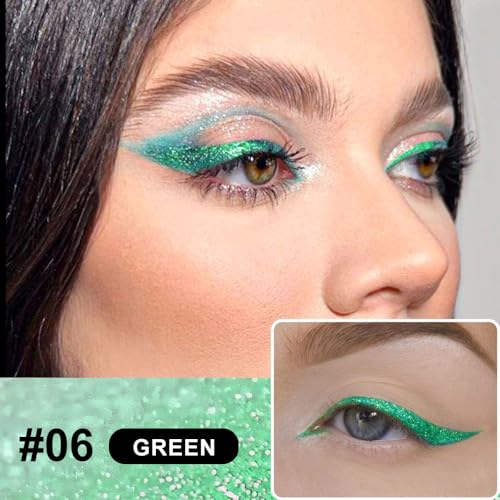 Green Metallic Glitter Liquid Eyeliner Pen ? Long-Lasting Sparkly Waterproof Eyeliner for Women & Men ? Tattoo-Effect Eye Makeup for Parties ? Delineador L?quido con Brillo 06