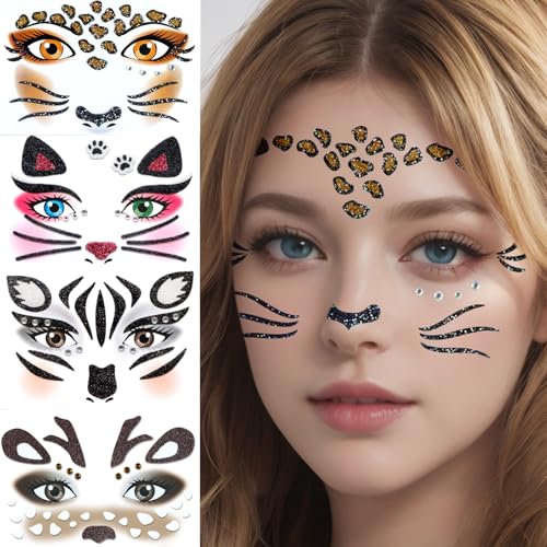 Halloween Face Tattoo Stickers - Leopard, Cat, Elk, Zebra (4 Pack)