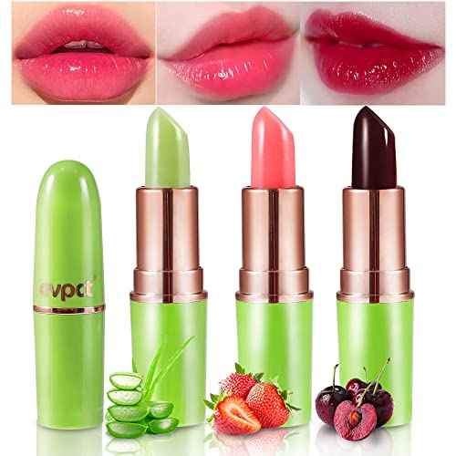 evpct 3Pcs Magic Color Changing Lipstick Long Lasting Waterproof 24 Hours Original for Women, Aloe Vera Strawberry Black Red Cherry PH Mood Permanent Color Changing Lipstick Lip Balm, labial magico