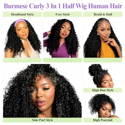 Burmese Curly Half Wig Human Hair 18" Glueless 180% Density