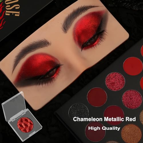DE'LANCI DE¡¯LANCI Chameleon Red Glitter Eyeshadow Highly Pigmented, Single Metallic Glitter Red Eye Shadow Palette Intense Color Shifting, Chrome True Red Shimmery Glitter Eyes Warm Goth Smoky Makeup