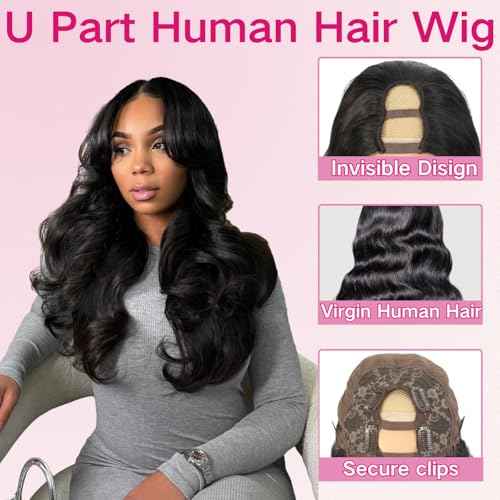 U Part Human Hair Wig Body Wave U Part Wig Human Hair for Black Women Glueless Wigs Human Hair Clip Natural Hair Wig Beginner Friendly Middle Part 180% Density 18inch