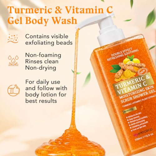 2 Packs Vitamin C Turmeric Body Scrub & Body Wash, Gentle Exfoliating Shower Gel, Hydrating, Unisex, 16.9 fl oz