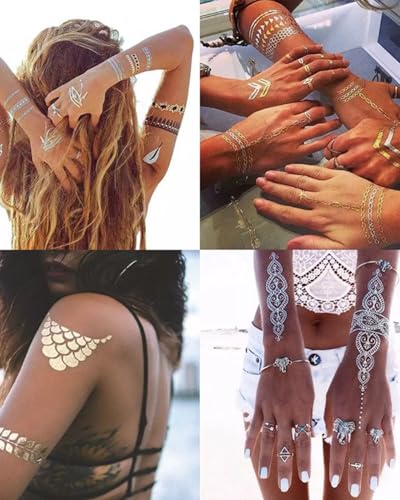 9 Sheets Gold Metallic Temporary Tattoos | 150+ Designs