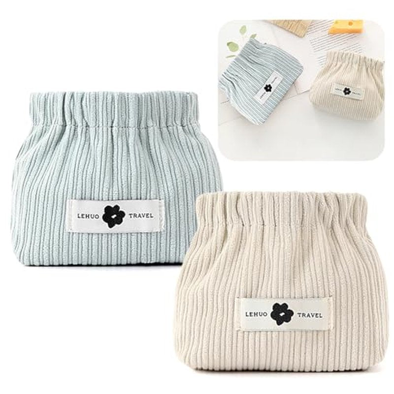 2pcs Corduroy Elastic Hair Tie Organizer Portable Travel Small Makeup Pouch Corduroy Lipstick Storage Bag for Hair Jewelry Lipstick Coin Purse for Women(Blue+White)