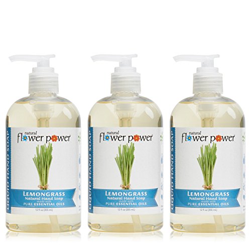 Natural Flower Power Moisturizing Liquid Hand Soap – Lemongrass – Plant-Based + Aloe Vera – Scented w/ Pure Essential Oils – Natural Hand Wash Kitchen + Bathroom – 12 Fl Oz Pump Bottles (Pack of 3)