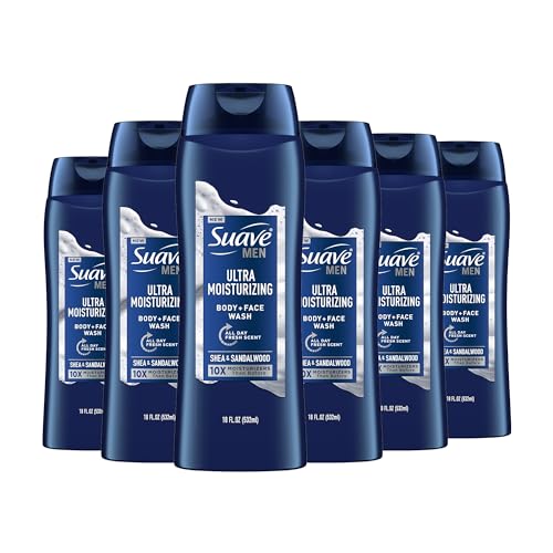 Suave Men Ultra Moisturizing Body & Face Wash, Shea & Sandlwood Scent, No Parabens, No Phtahaltes, 18 Oz Pack of 6