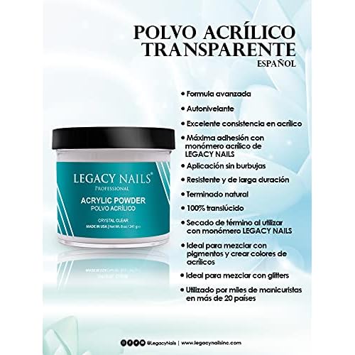 Legacy Nails Professional CLEAR ACRYLIC POWDER - 241g / 8oz. - High-Quality, Fast-Drying Formula for Nail Extensions, Sculpting & Overlays, Salon-Grade, Long-Lasting Finish
