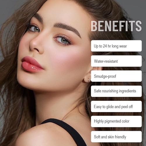 2-in-1 Peach Pink Lip Stain Peel Off & Hydrating Plumping Lip Oil with Tweezer, of Women Long Lasting Waterproof Peel Off Lip liner Tattoo, Highly Pigmented for All Skin Types 03#