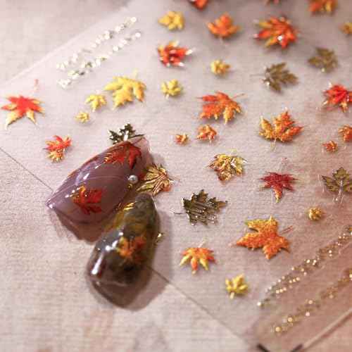 Fall Maple Leaves Nail Decals for Nail Art Embossed Autumn Leaf Nail Stickers Bronzing Maple Leaf Nail Art Stickers 5D Self-Adhesive Thanksgiving Nail Decoration Supplies for Women Girls 1 Sheets