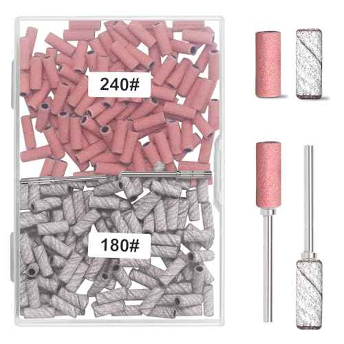 BLESWIN 200Pcs 3mm Small Sanding Bands with 2Pcs Small Mandrel Bit for Nail Drill, Upgrade Mini Nail Sanding Bands for Acrylic Nails Gel Removing Shaping, Manicure Nail Salon Use (240#Pink+180#White)