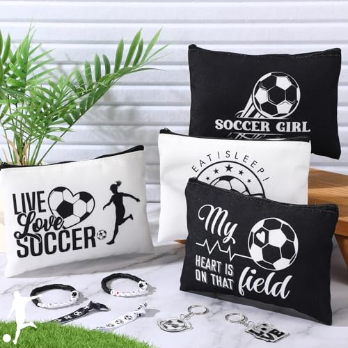 Baderke 72 Pcs Soccer Accessories Gifts Include 12 Make up Bags 12 Mirrors 12 Acrylic Keychains 12 Bracelet 12 Scrunchies 12 Hair Ties Team Gifts for Soccer Party Favor (Classic)