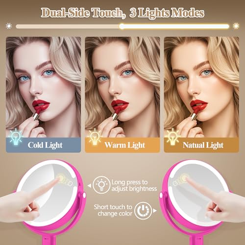 Makeup Mirror with Lights, Double Sided 1x/20x Magnifying Mirror with Light, Rechargeable 3 Color Lights and Adjustable Brightness, 360¡Æ Rotation Detachable Comes with Tweezer(Hotpink)