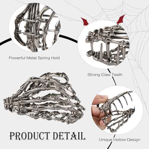 4 PCS Halloween Hair Claw Clips for Women Girls, Gothic Spider Black Metal Claw Clips, Non-Slip Hair Claws for Thick Thin Hair, Spider Web Skeleton Hand Skull Hair Clips, Spooky Hair Accessories Gifts