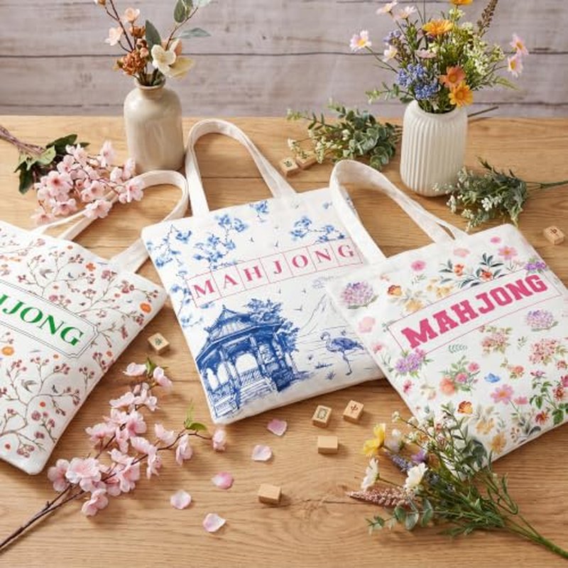 3 Pcs Mahjong Canvas Tote Bags for Women - Floral Designs