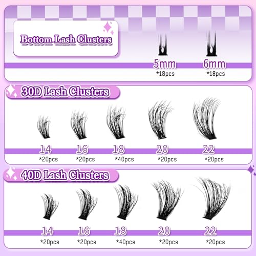 Lash Cluster with Bottom Lashes 14-22mm Long 30D+40D Thick Cluster Eyelash Extensions Flat D C Volume 276Pcs Individual Lashes Soft Wispy False Eyelashes DIY Lash Extension, by Hushlibaby