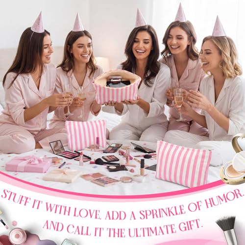 6-Piece Pink Striped Makeup Bag Set - Canvas Travel Toiletry Pouch