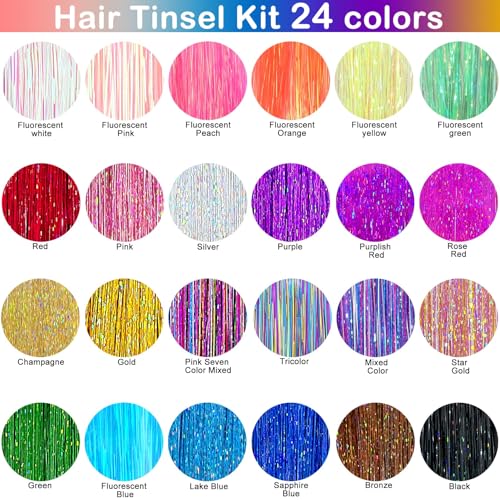 Hair Tinsel Kit 48 Inch, 24 Colors, 6000 Strands with Tools
