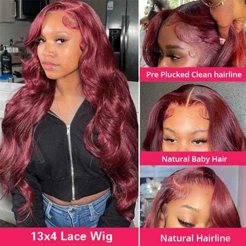 99j Burgundy Lace Front Wigs Human Hair 13x4 Body Wave Lace Front Wigs Human Hair Pre Plucked 180 Density HD Transparent Wine Red Colored Human Hair for Women with Baby Hair 22 Inch