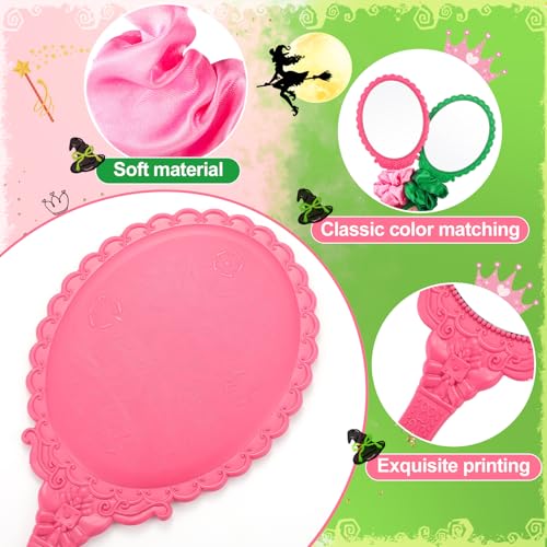 Qunclay 24 Pcs Pink and Green Witch Party Favors Pink & Green Handheld Mirrors with Hair Scrunchie Witch Merch Accessories Theme Birthday Party Decorations Gifts for Women BFF Movie Night Couples