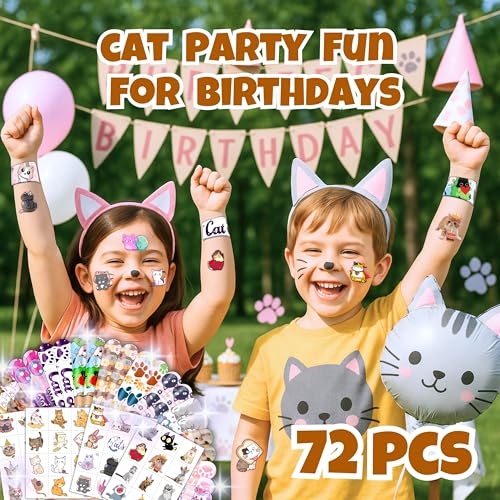 72 PC Cat Party Favors Bundle - Tattoos & Slap Bracelets