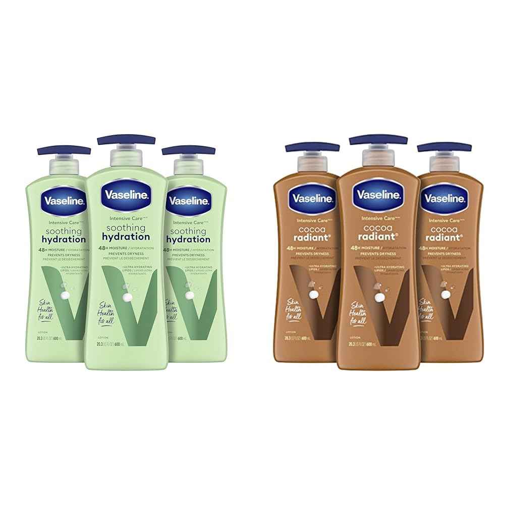 Vaseline Intensive Care Body Lotion for Dry Skin Soothing Hydration Lotion Made & Intensive Care Body Lotion for Dry Skin Cocoa Radiant Lotion Made with Ultra-Hydrating Lipids and Pure Cocoa Butter