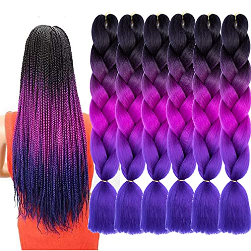 Xiaofeng Braiding Hair Extensions for Women 6 Packs 100g/Pack 24Inch High Temperature Ombre Jumbo Synthetic Braiding Hair for Twist Crochet Braids (24 Inch, black-purple red-blue)