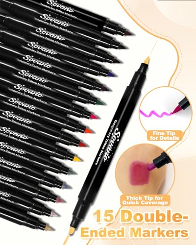 Sovano Temporary Tattoo Markers - 15 Dual-Tip Pens with 82 Stencils