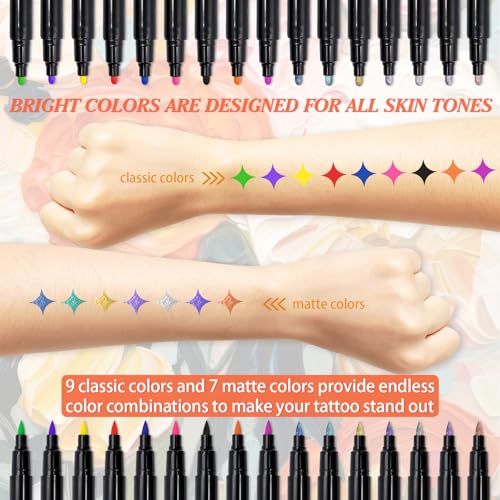 MuseLuxe Temporary Tattoo Markers - 16 Color Pen Set with 100 Stencils