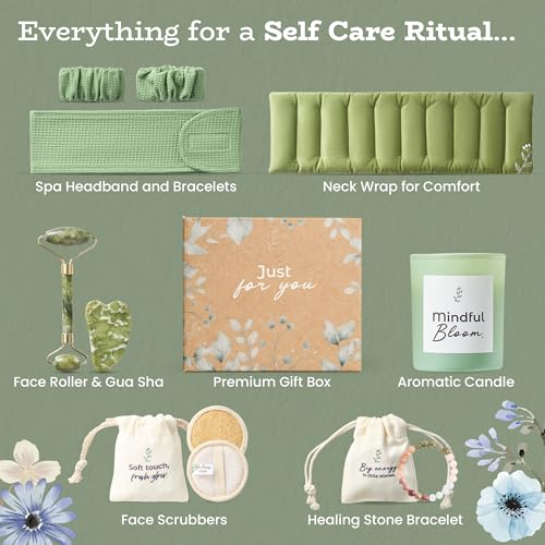 Self Care Gifts for Women, Spa Gift Baskets for Women with Neck Wrap, Spa Head Band & Bracelet, Face Roller, Gua Sha, Face Scrubbers, Aromatic Candle and Healing Stone Bracelet, Self Care Kit.