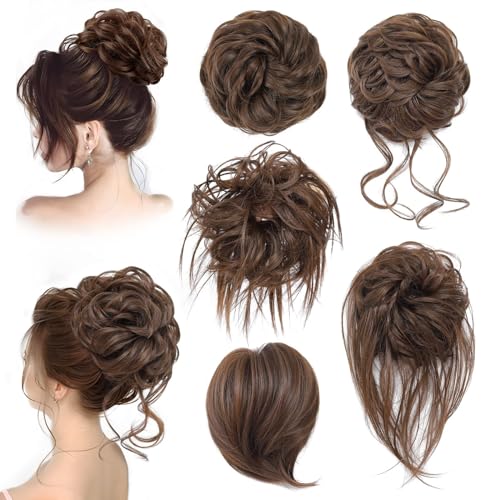 HSLHDI Messy Hair Bun Hair Piece for Women Short Bun Tousled Synthetic Elastic Scrunchies Hairpiece for Women Girls (1-5pcs, 8#-Medium Chestnut Brown)…