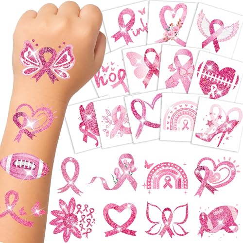 Glitter Breast Cancer Ribbon Temporary Tattoos, 12 Sheets