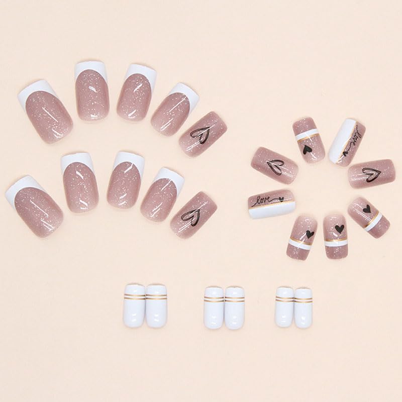 BAOYAALIN Press on Nails Medium Square French White Fashion Fake Nails with Heart Design Full Cover Press ons Artificial Acrylic False Stick on Nail for Women Girls Daily Wear Wedding Manicure 24Pcs