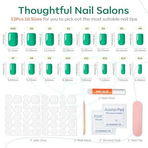 Modelones Green Press On Nails Short Square 32Pc Kit