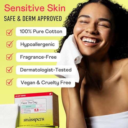 Swisspers Premium 100% Cotton Dry Facial Wipes - Hypoallergenic, Biodegradable Beauty Cloths with Dot Embossing - Vegan Makeup Remover Towelettes for Women & Men, 40 Count (Pack of 1)