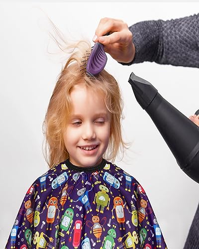 Kids Barber Cape with Neck Duster Brush - Cartoon Robot, Adjustable Snap Closure