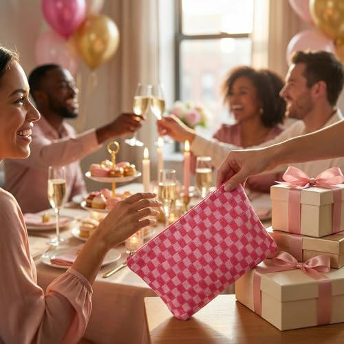 24 PACK Checkered Makeup Bags Bulk-Easter Gifts/Bulk Cosmetic Bags/Large Bridesmaid Gifts/Makeup Pouch for Wedding Party Favors Birthday/Teacher/Mothers Day Gifts/Toiletry Travel Bags (24, Pink)