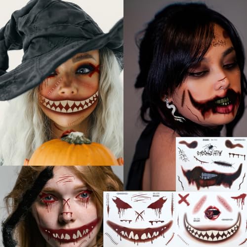 9 Sheets Halloween Scary Face Tattoos Stickers Fake Scars Stitches Bloody Mouth Prank Zombie Clown Makeup Temporary Tattoo Decals for Women Men Halloween Cosplay Party