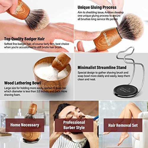 Anbbas Badger Hair Shaving Brush with Wood Handle,Large Soap Bowl,Stainless Steel Shaving Stand and 3.5 oz Natural Shaving Soap Puck Refill for Men