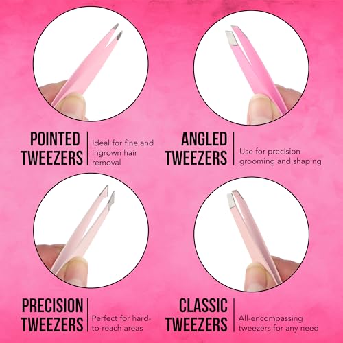 Perfect Brow Kit - 4pk Soft Touch Tweezers, Hair Removal Tweezers For Women |Angled and Pointed Tweezer Set, Precision Tweezers For Fine Ingrown Hair & Everyday Grooming