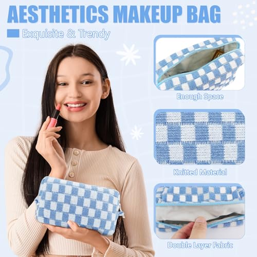 Giesiery 8-Pack Blue Checkered Makeup Bags - Travel Toiletry Pouches